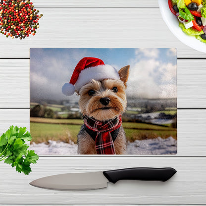 Snowy Christmas Yorkshire Terrier Glass Chopping Board