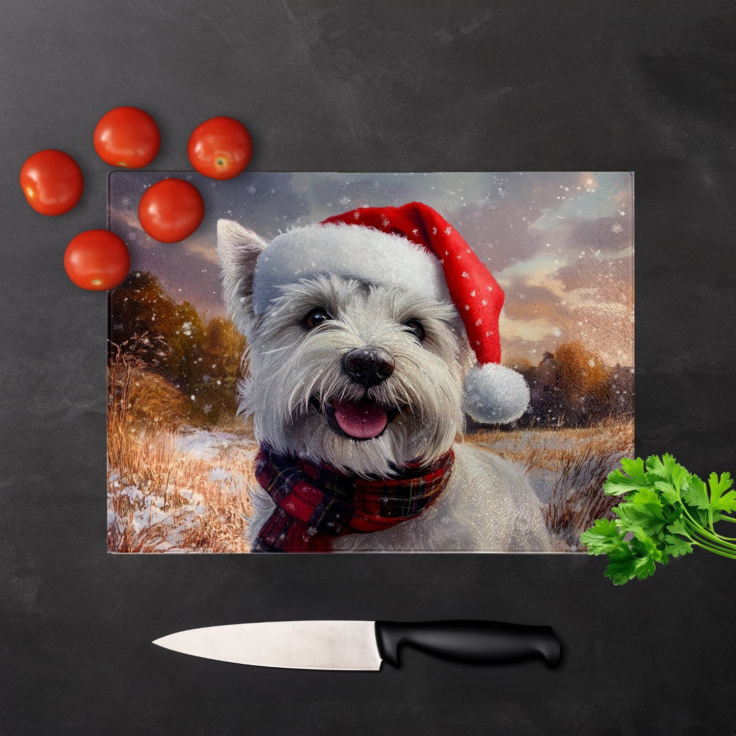Snowy Christmas West Highland Terrier Glass Chopping Board