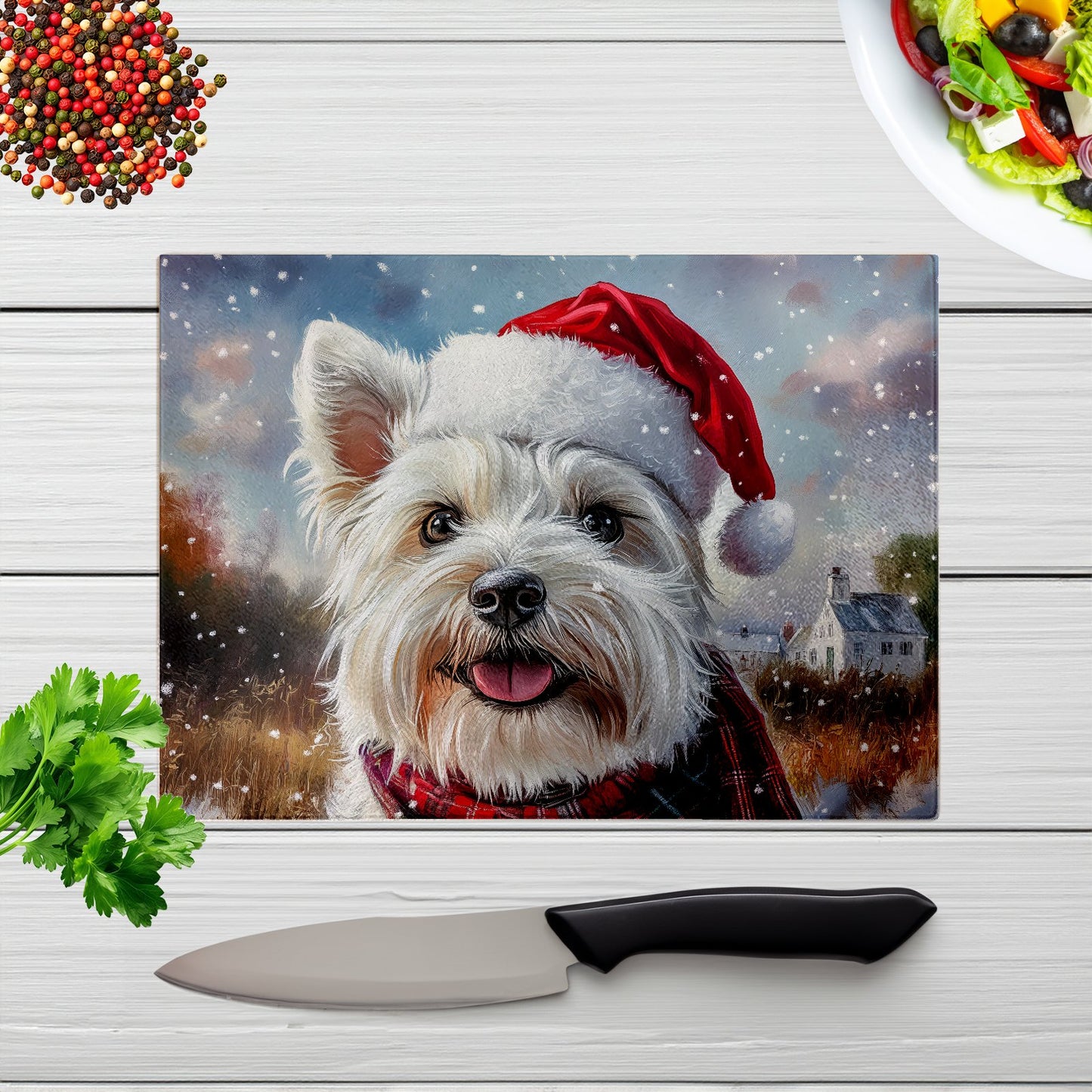 Christmas West Highland Terrier Glass Chopping Board