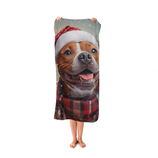Snowy Christmas Staffordshire Bull Terrier Beach Towel