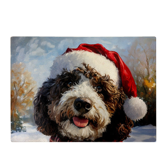 Snowy Christmas Spanish Water Dog Glass Chopping Board