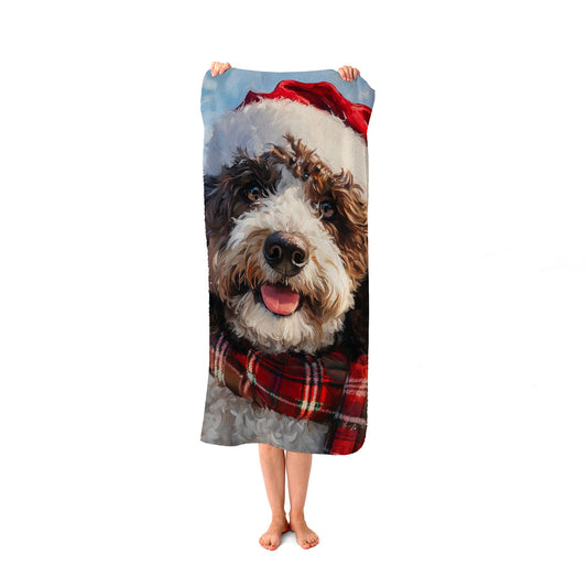 Snowy Christmas Spanish Water Dog Beach Towel