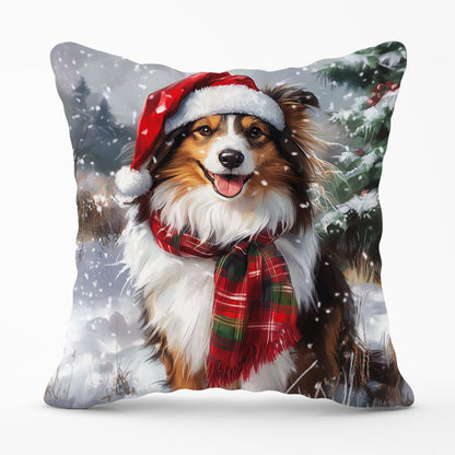 Snowy Christmas Shetland Sheepdog Cushion