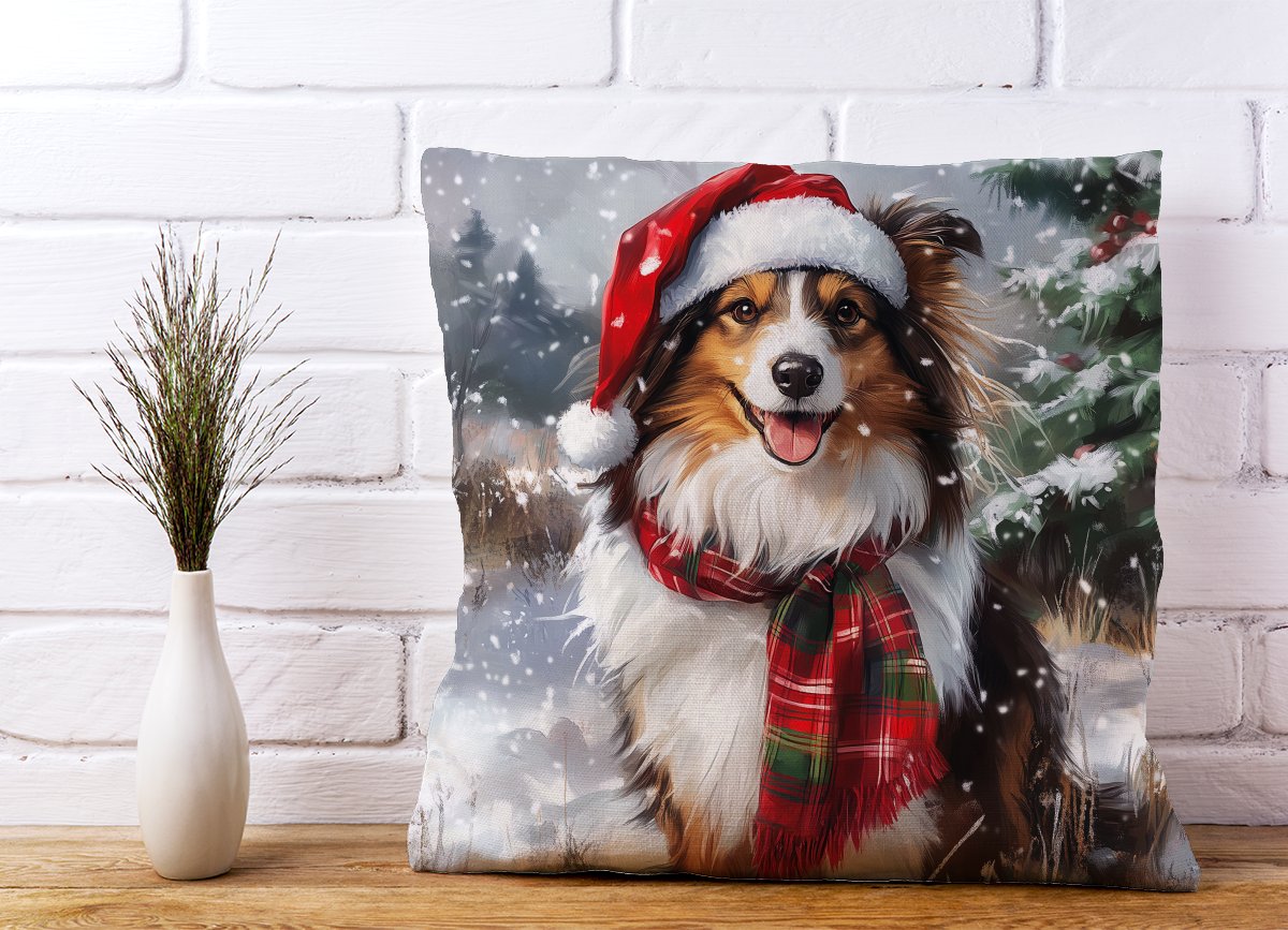 Snowy Christmas Shetland Sheepdog Cushion