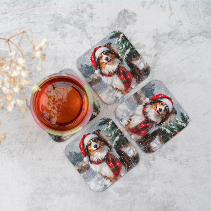 Snowy Christmas Shetland Sheepdog Coasters