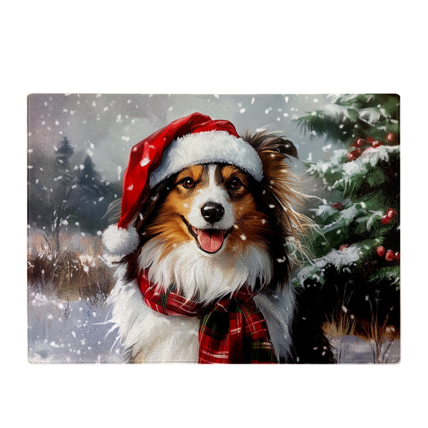 Snowy Christmas Shetland Sheepdog Glass Chopping Board