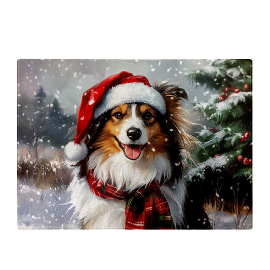 Snowy Christmas Shetland Sheepdog Glass Chopping Board
