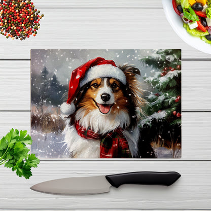 Snowy Christmas Shetland Sheepdog Glass Chopping Board