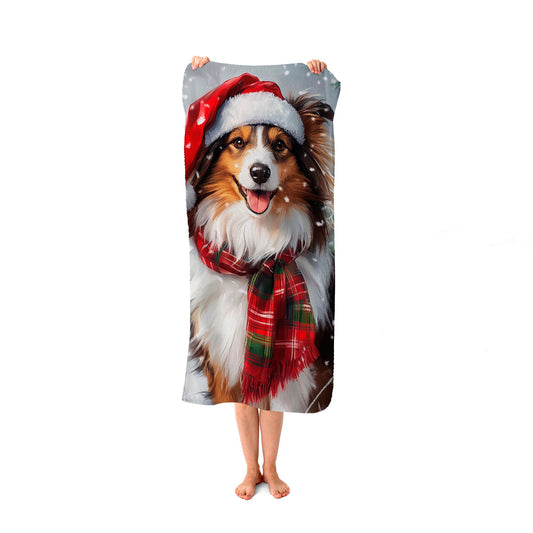 Snowy Christmas Shetland Sheepdog Beach Towel
