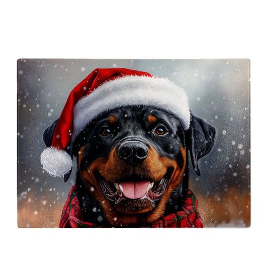 Snowy Christmas Rottweiler Glass Chopping Board