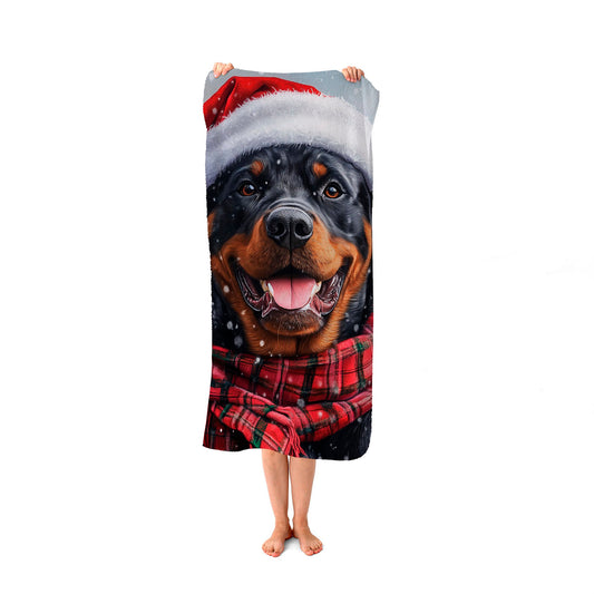 Snowy Christmas Rottweiler Beach Towel