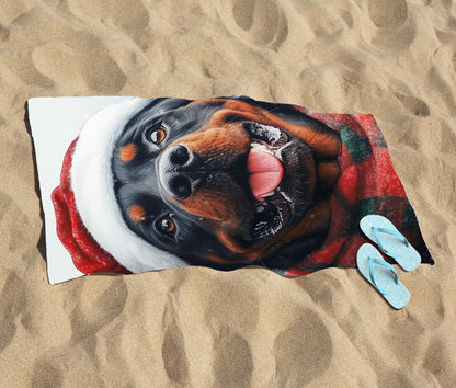 Christmas Rottweiler Beach Towel