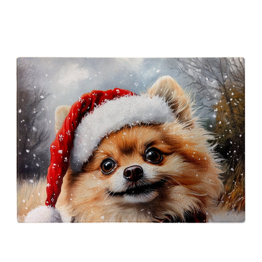 Snowy Christmas Pomeranian Glass Chopping Board