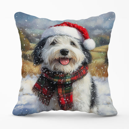 Snowy Christmas Old English Sheepdog Cushion