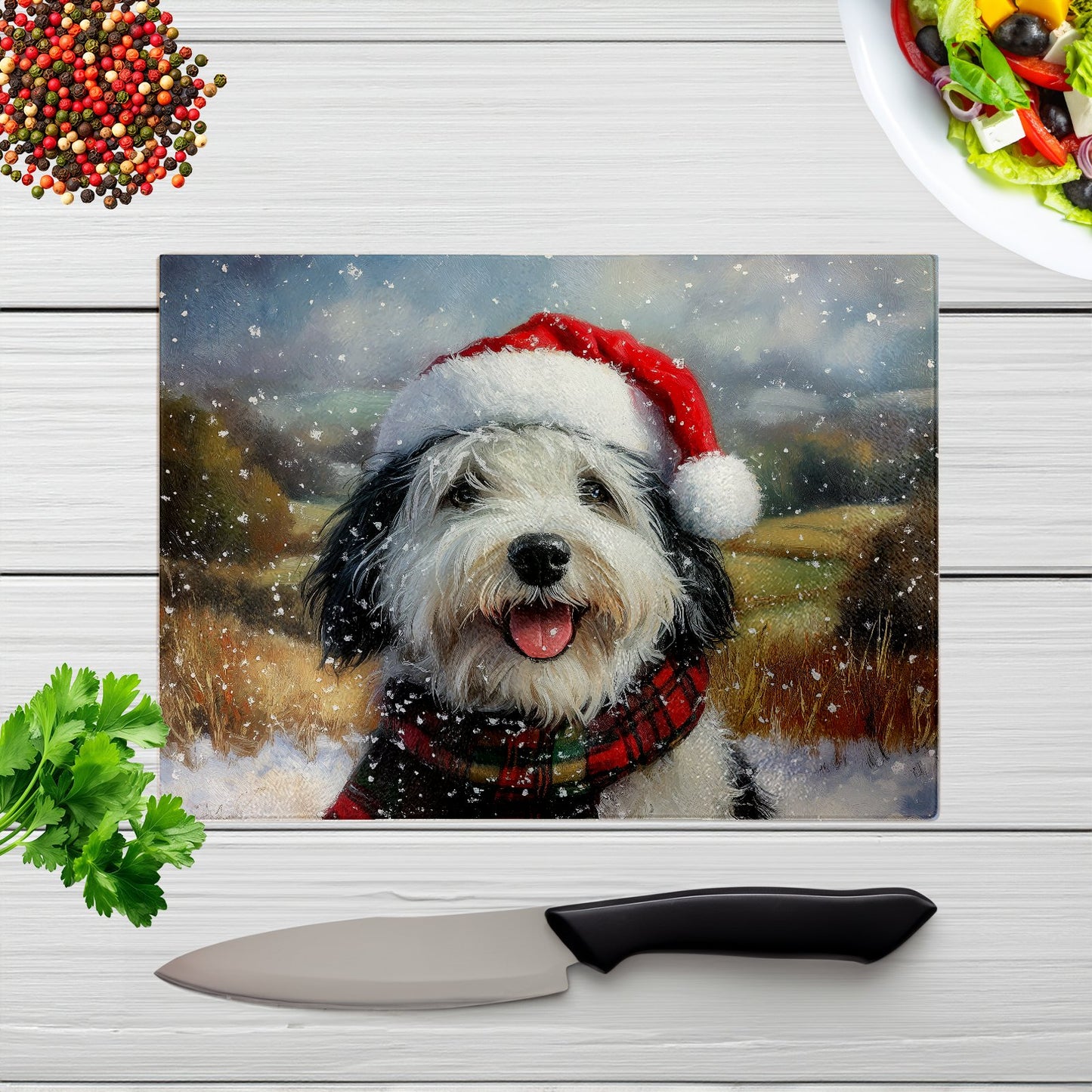 Snowy Christmas Old English Sheepdog Glass Chopping Board