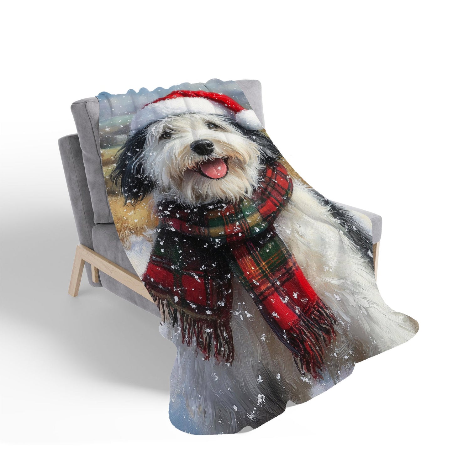 Snowy Christmas Old English Sheepdog Sherpa Blanket
