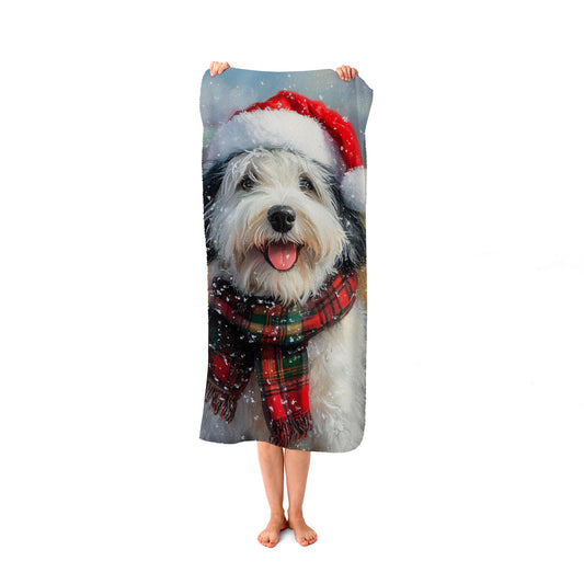 Snowy Christmas Old English Sheepdog Beach Towel
