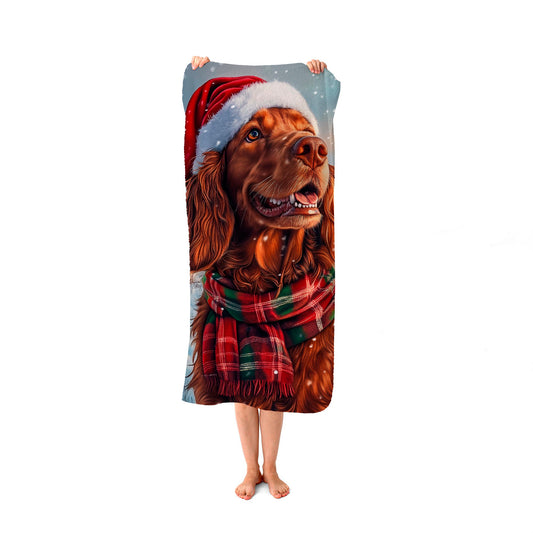 Snowy Christmas Irish Setter Beach Towel