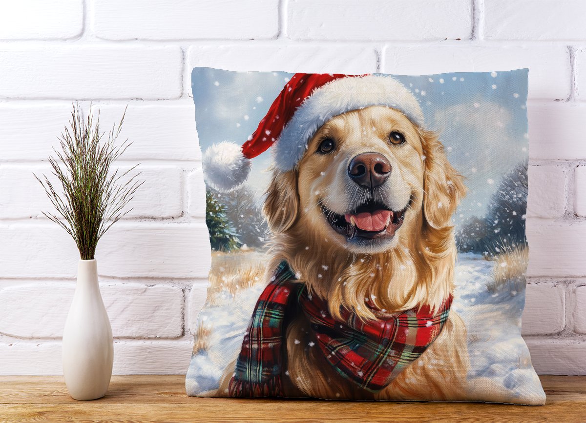 Snowy Christmas Golden Retriever Cushion