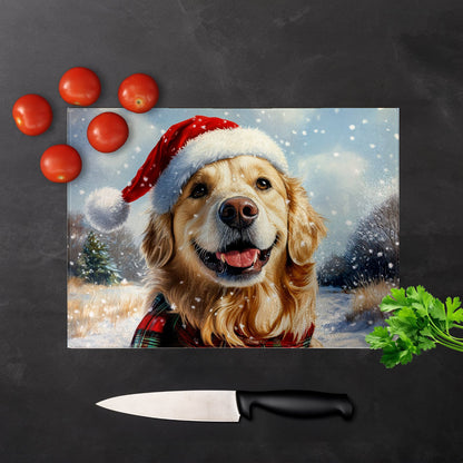 Snowy Christmas Golden Retriever Glass Chopping Board
