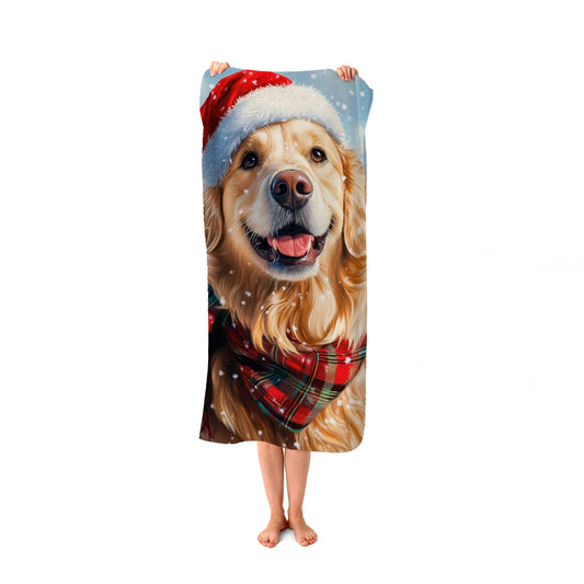 Snowy Christmas Golden Retriever Beach Towel