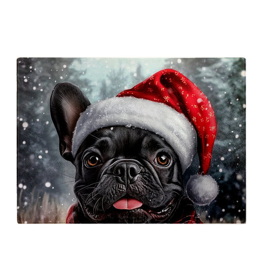 Snowy Christmas French Bulldog Glass Chopping Board