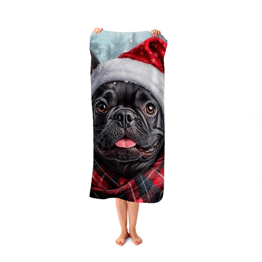 Snowy Christmas French Bulldog Beach Towel