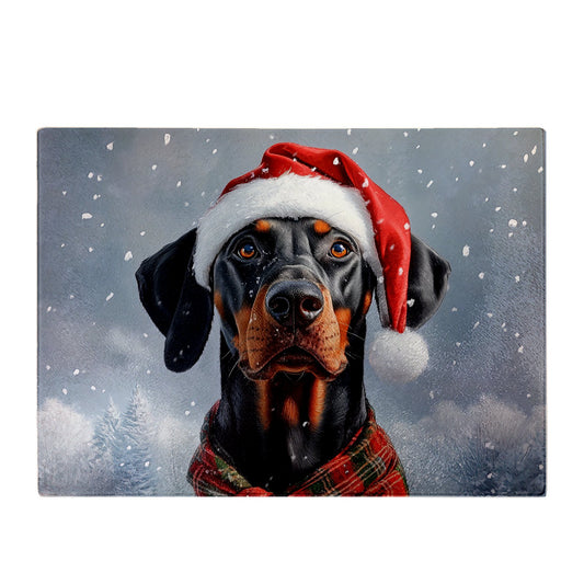 Snowy Christmas Doberman Glass Chopping Board