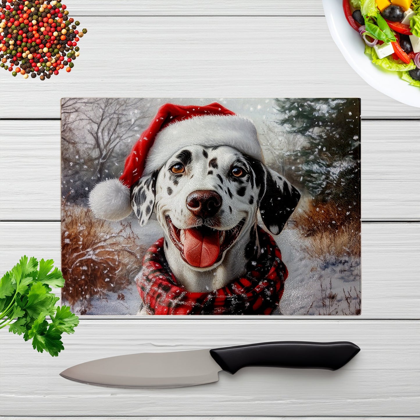 Christmas Dalmatian Glass Chopping Board