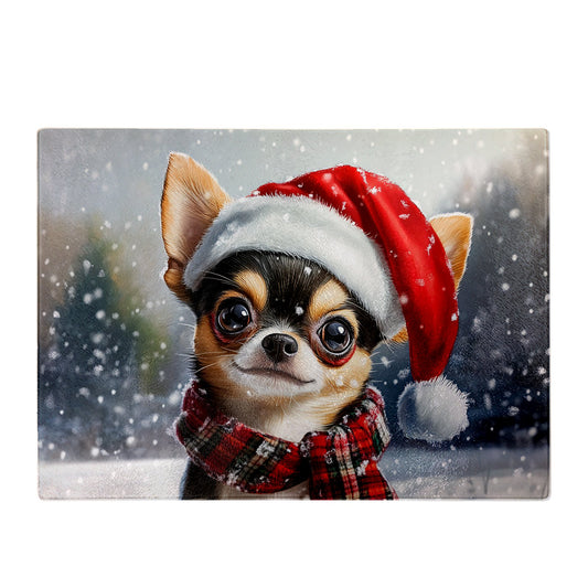 Snowy Christmas Chihuahua Glass Chopping Board