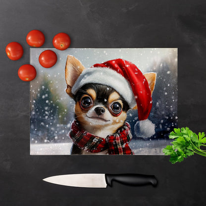 Snowy Christmas Chihuahua Glass Chopping Board
