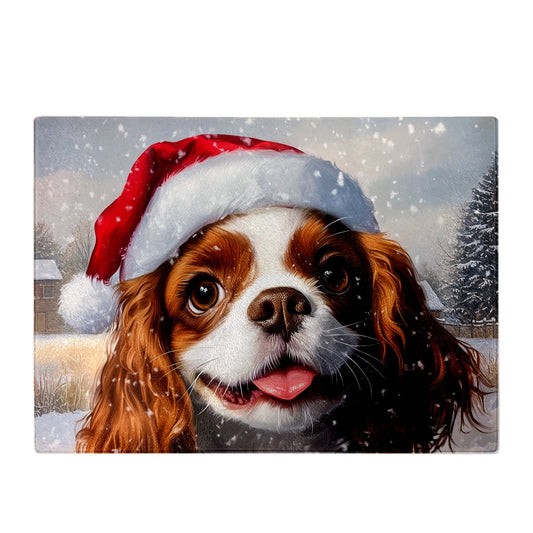 Snowy Christmas Cavalier King Charles Spaniel Glass Chopping Board