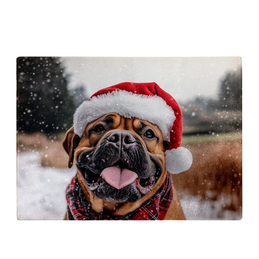 Snowy Christmas Bullmastiff Glass Chopping Board