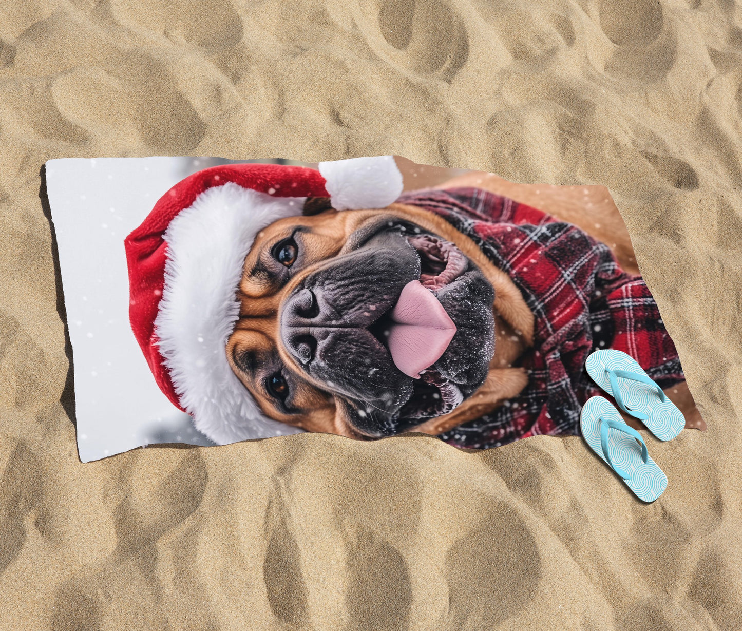 Snowy Christmas Bullmastiff Beach Towel