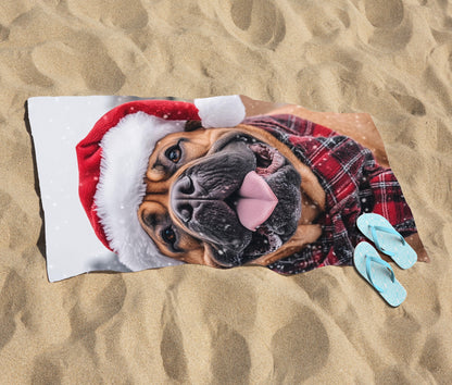 Snowy Christmas Bullmastiff Beach Towel
