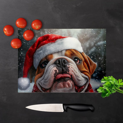 Snowy Christmas Bulldog Glass Chopping Board