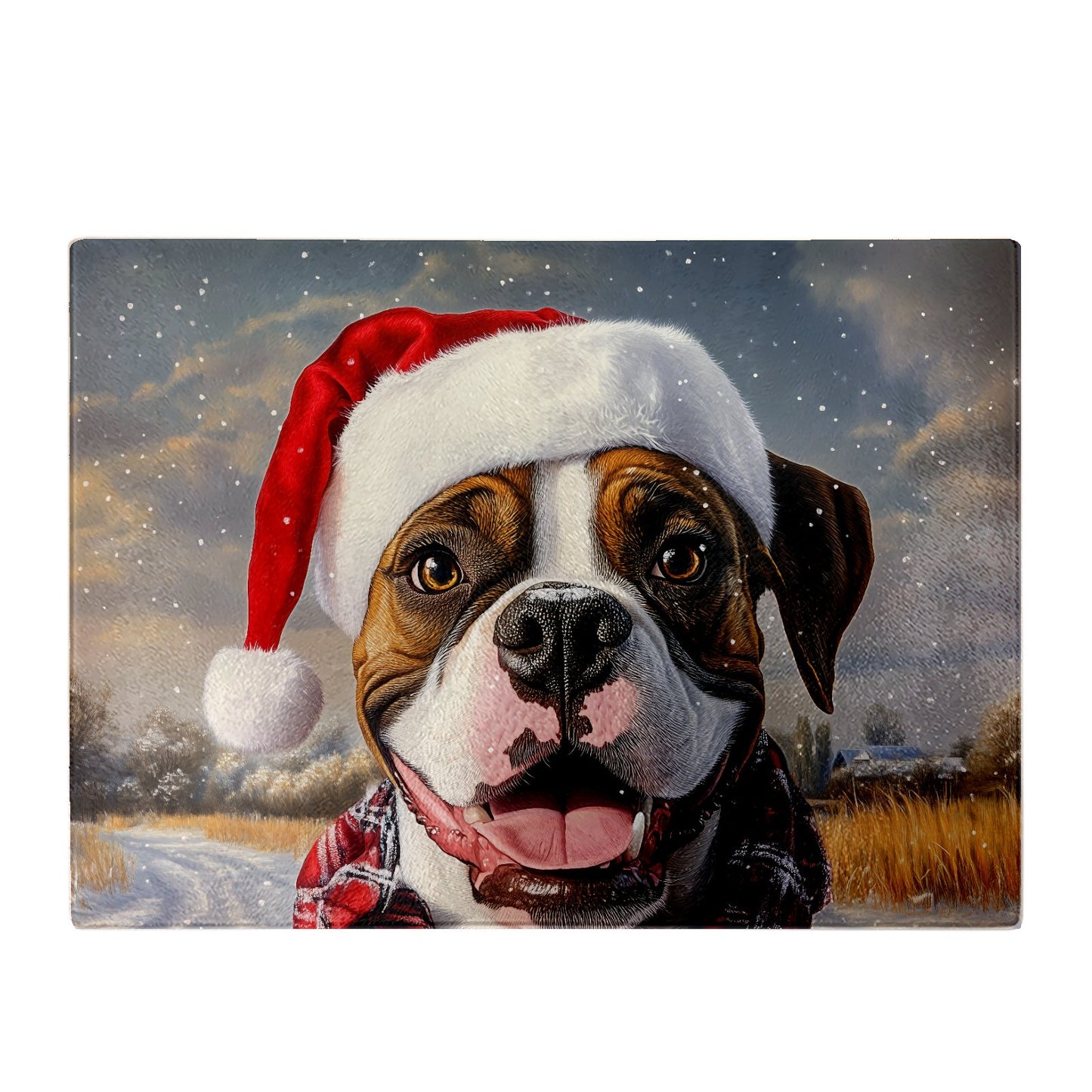 Snowy Christmas Boxer Dog Glass Chopping Board