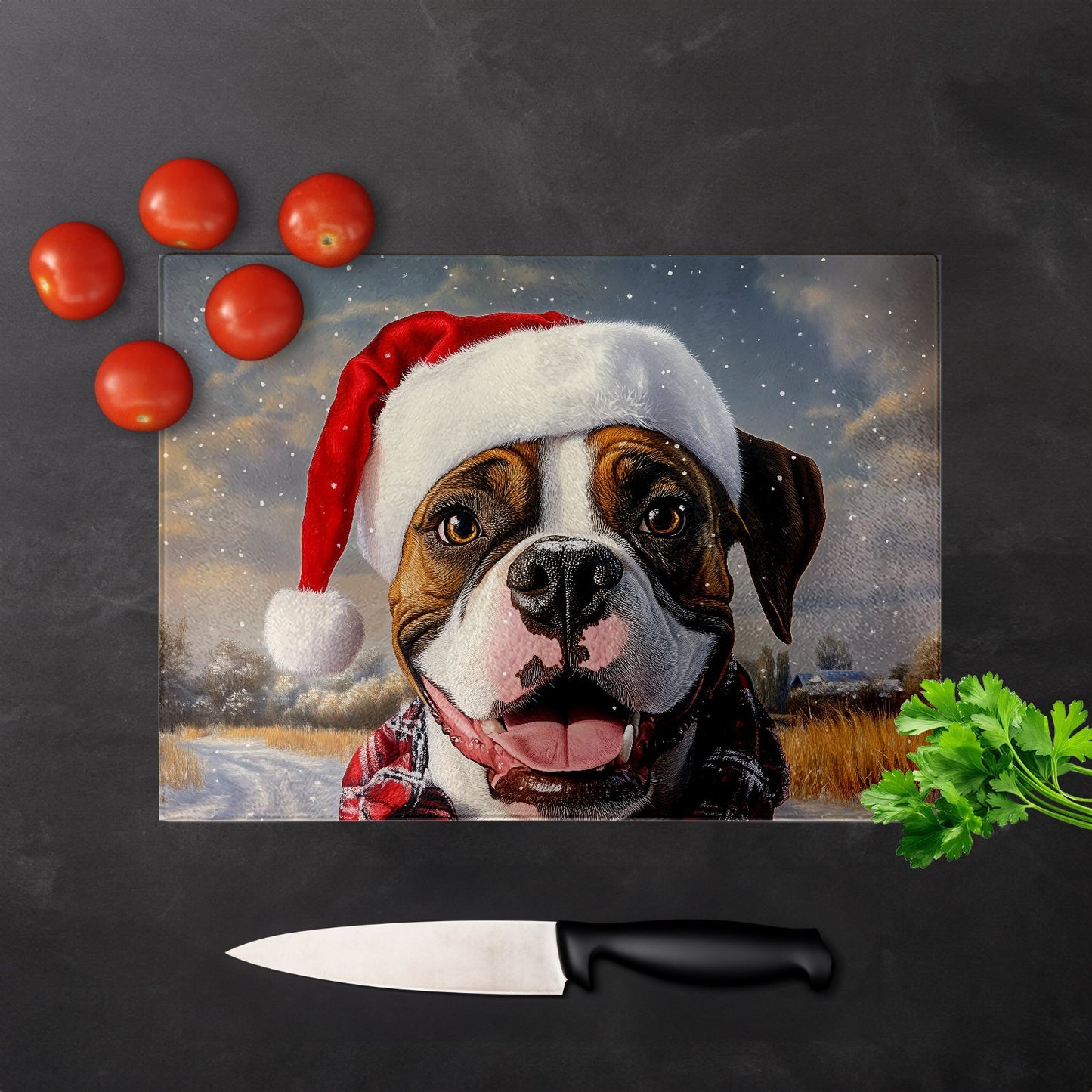 Snowy Christmas Boxer Dog Glass Chopping Board