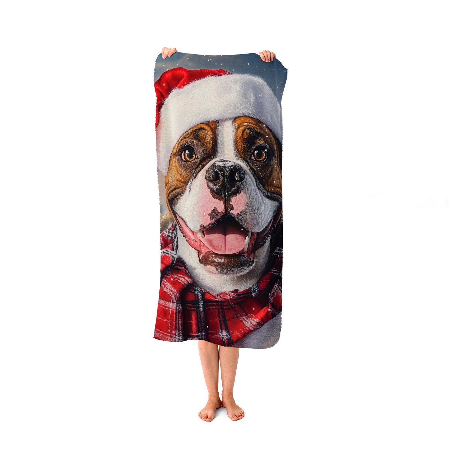 Snowy Christmas Boxer Dog Beach Towel