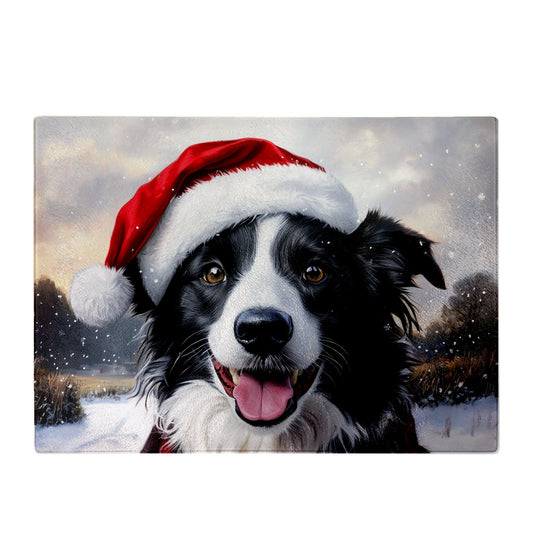 Christmas Border Collie Glass Chopping Board