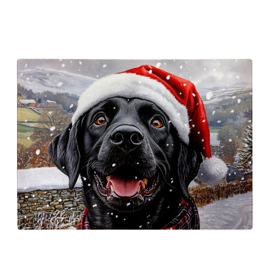 Christmas Black Labrador Glass Chopping Board