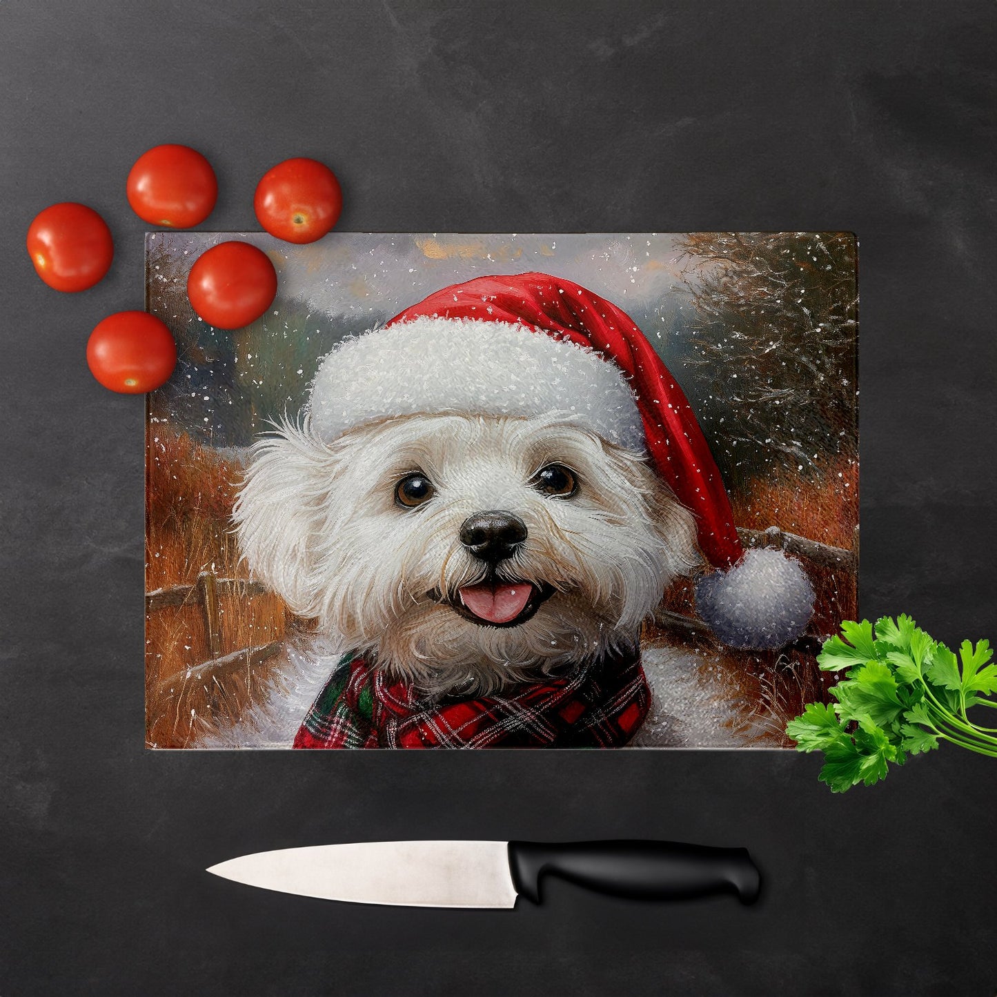 Snowy Christmas Bischon Frise Glass Chopping Board