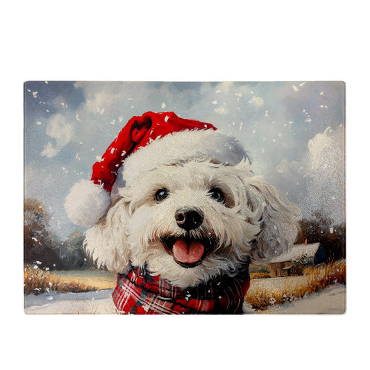 Christmas Bischon Frise Glass Chopping Board