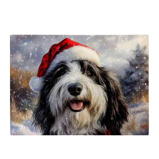 Christmas Bearded Collie Glass Chopping Board