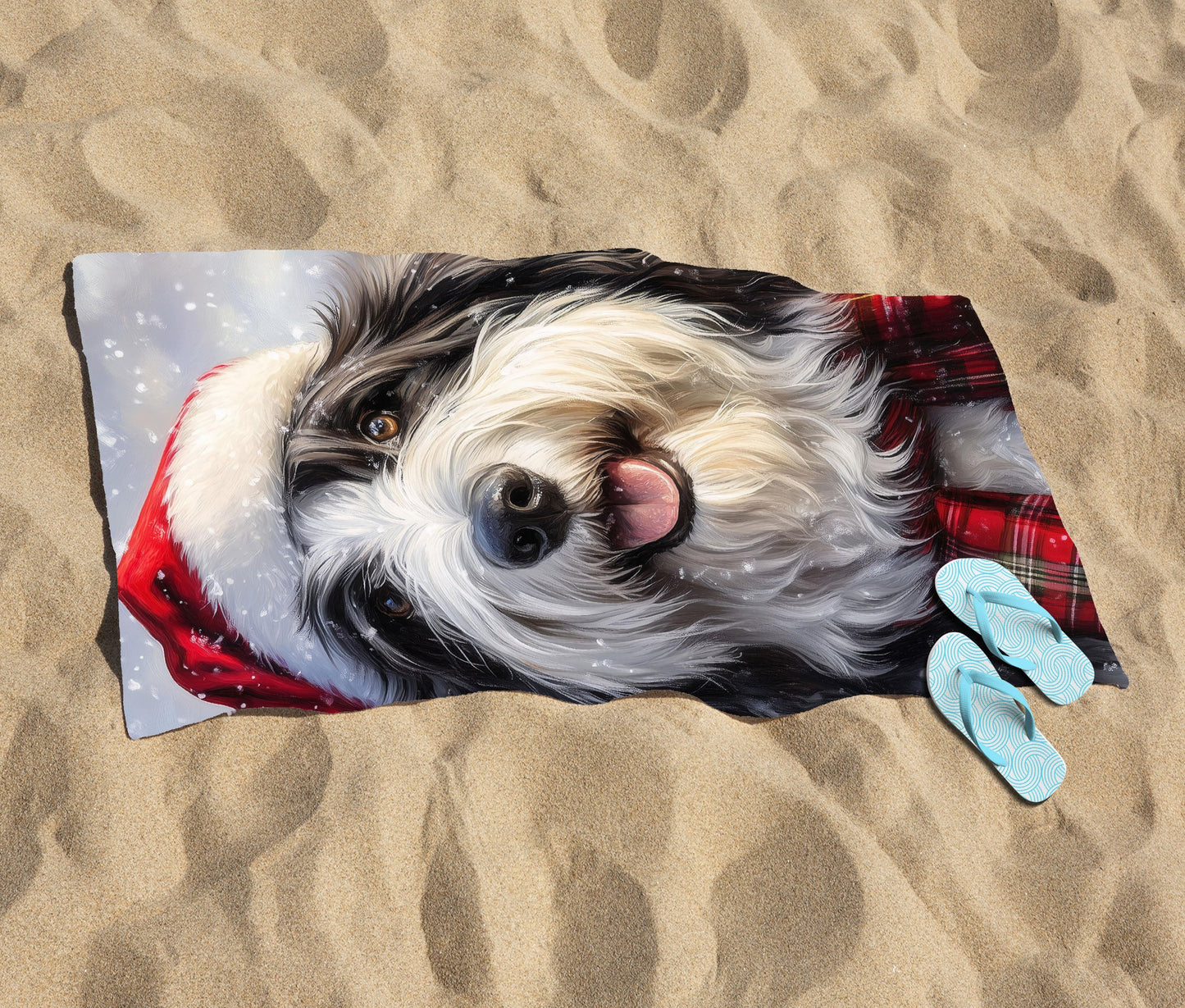 Christmas Bearded Collie Beach Towel