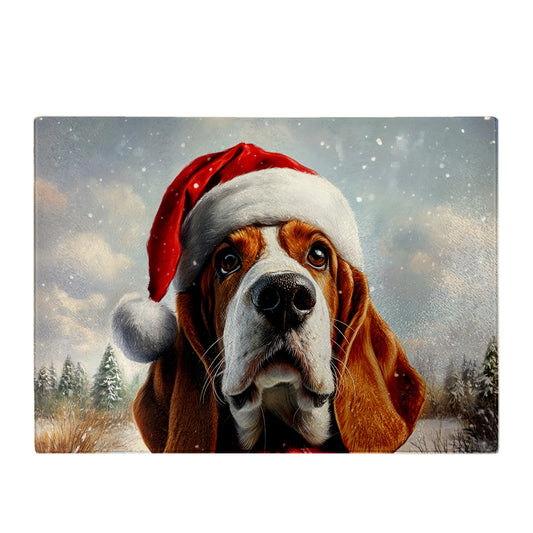 Snowy Christmas Bassett Hound Glass Chopping Board