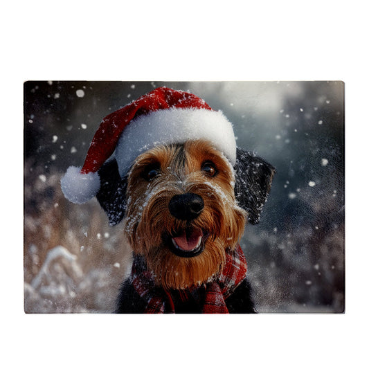 Christmas Airedale Terrier Glass Chopping Board
