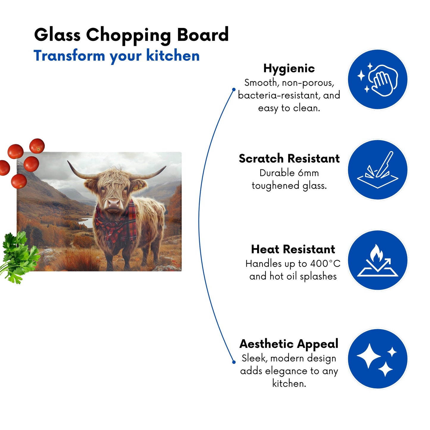 Autumnal Highland Cow Glass Chopping Board