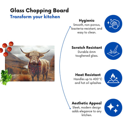 Autumnal Highland Cow Glass Chopping Board