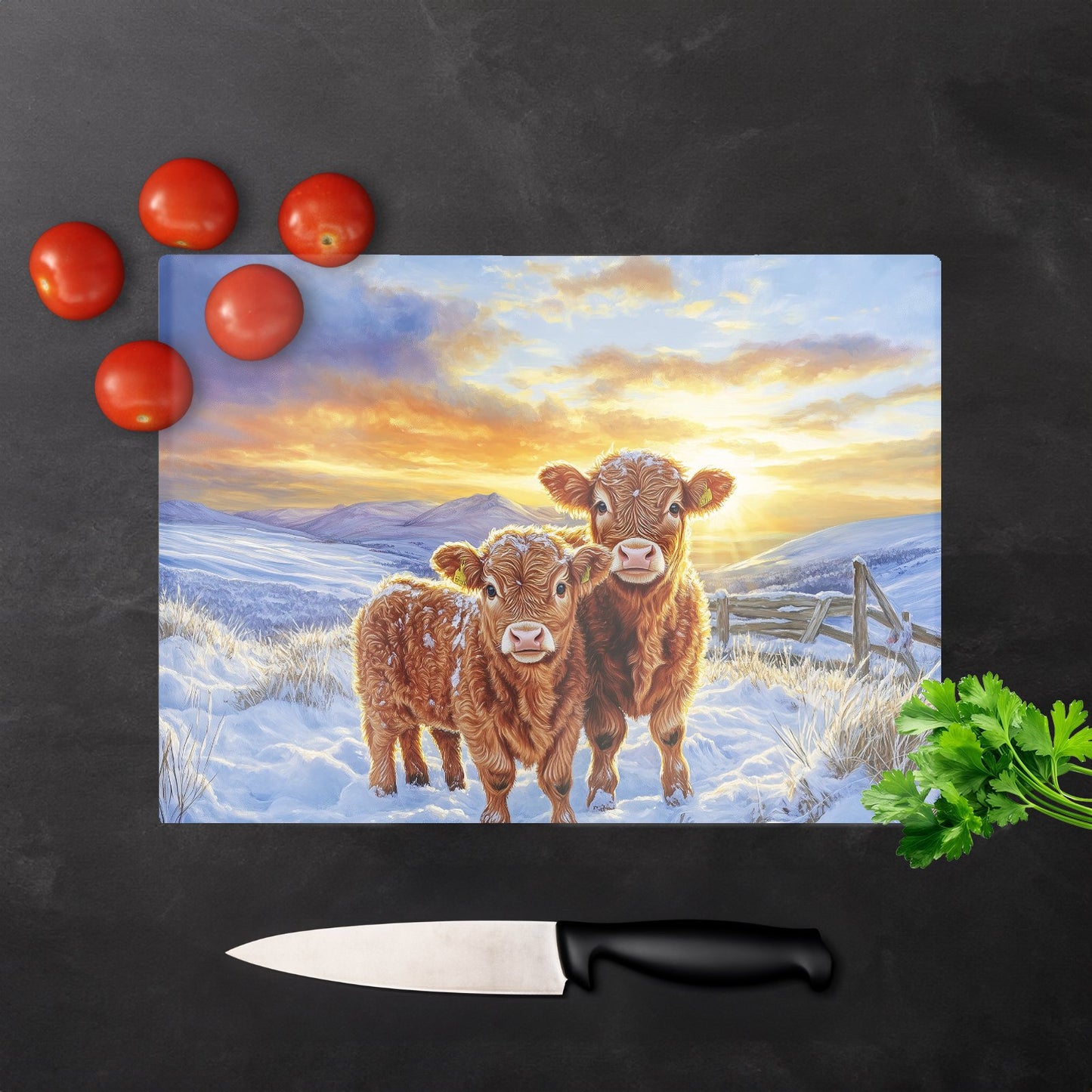 Snowy Baby Highland Cows Glass Chopping Board